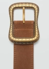 Mango Split Leather Belt With Engraved Buckle Brown In Brown