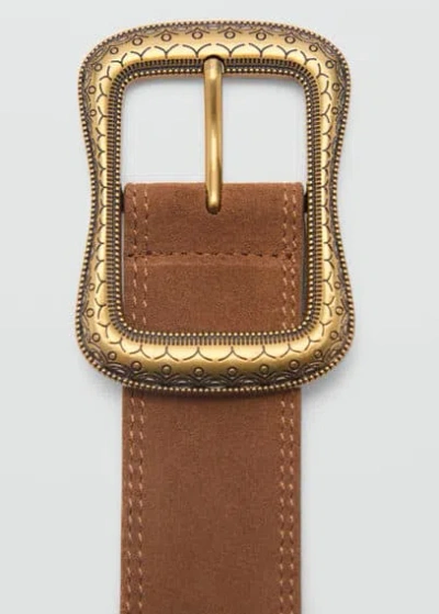 Mango Split Leather Belt With Engraved Buckle Brown