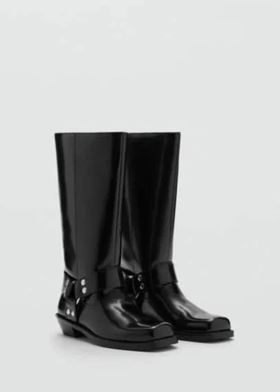 Mango Square Toe Boot With Metallic Details Black