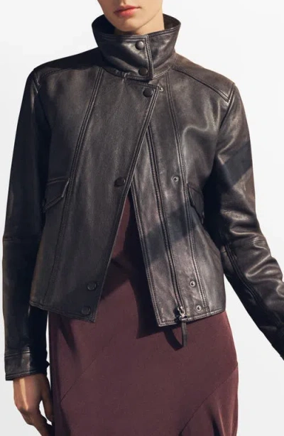 Mango Pockets Leather Jacket Brown