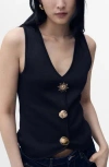 Mango Compact Knit Vest With Gold Statement Buttons In Blue
