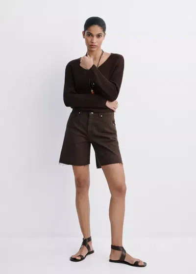 Mango Straight Bermuda Shorts With Frayed Hem In Chocolate