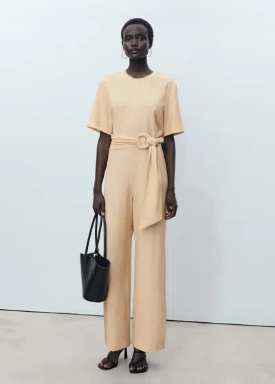 Mango Straight-fit Short-sleeved Jumpsuit With Belt Ecru
