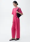 Mango Straight-fit Short-sleeved Jumpsuit With Belt Fuchsia In Fuchsia