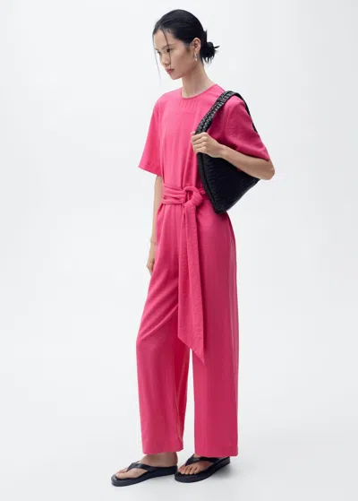 Mango Straight-fit Short-sleeved Jumpsuit With Belt Fuchsia