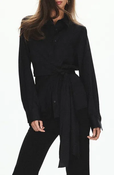 Mango Straight Fit Tie Waist Shirt In Black