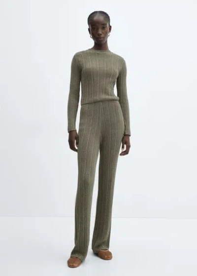 Mango Lurex-knit Flared Trousers Khaki