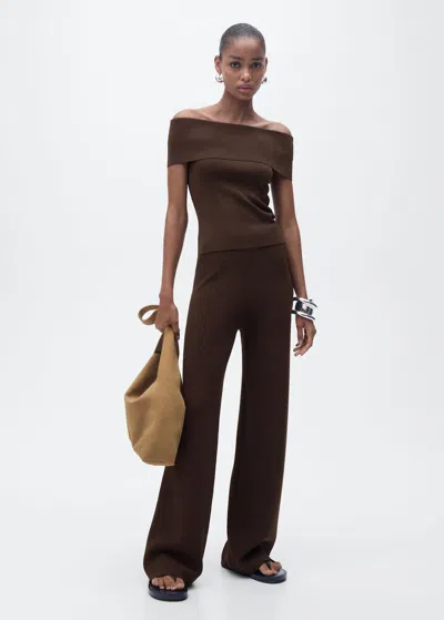 Mango Pantalon Droit Maille Chocolat - Femme - L -
