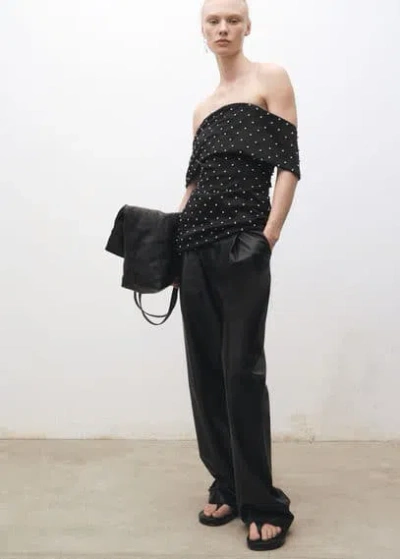 Mango Straight Leather Trousers With Pleat Detail Black