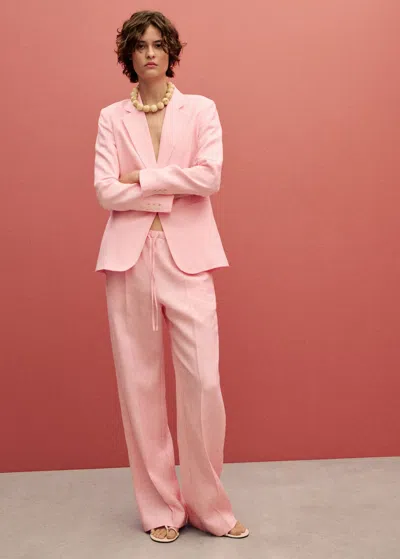 Mango Straight Linen Pants With Bow Light Pink
