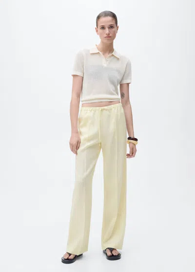 Mango Straight Linen Pants With Bow Pastel Yellow
