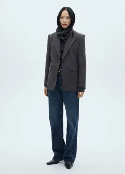 Mango Straight Micro-houndstooth Tailored Jacket Dark Navy