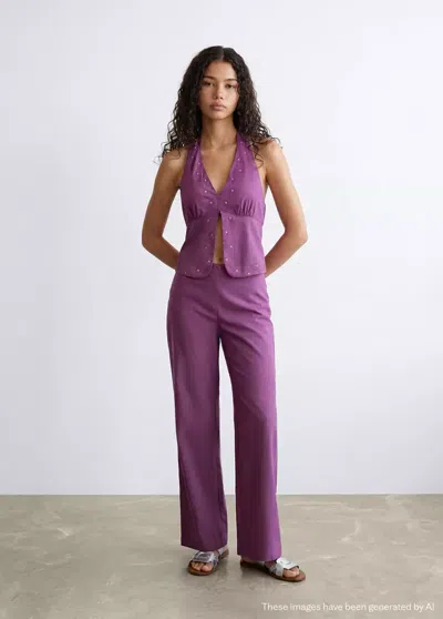 Mango Straight Pants With Embroidered Details In Purple