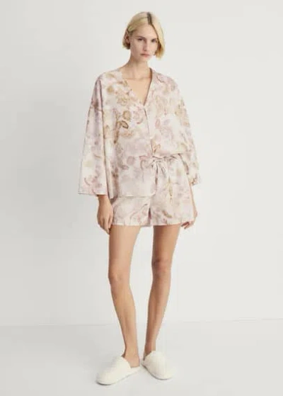Mango Pyjama Shorts With Floral Detail In Light/pastel Grey