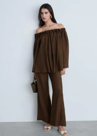 Mango Straight Textured Trousers Coffee