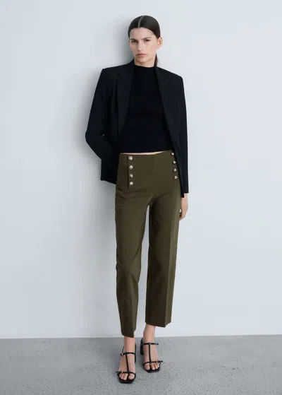 Mango Straight Trousers With Jewel Buttons Khaki