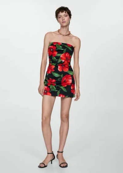 Mango Strapless Floral Dress Black