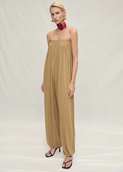 Mango Strapless Jumpsuit With Puffed Hem Beige