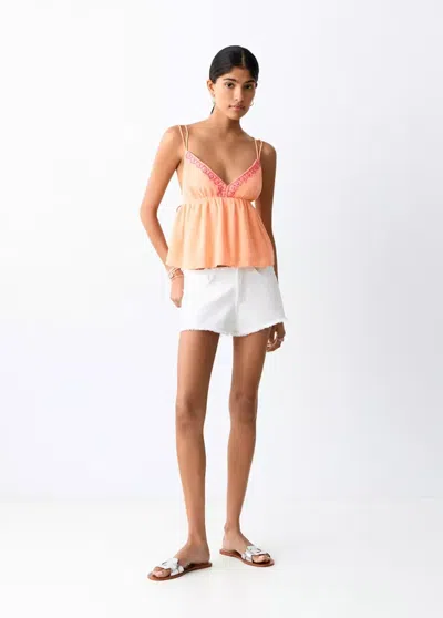 Mango Strappy Top With Embroidered Details In Brown