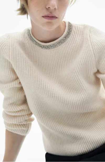Mango Strass Rhinestone Embellished Crewneck Sweater In Ecru