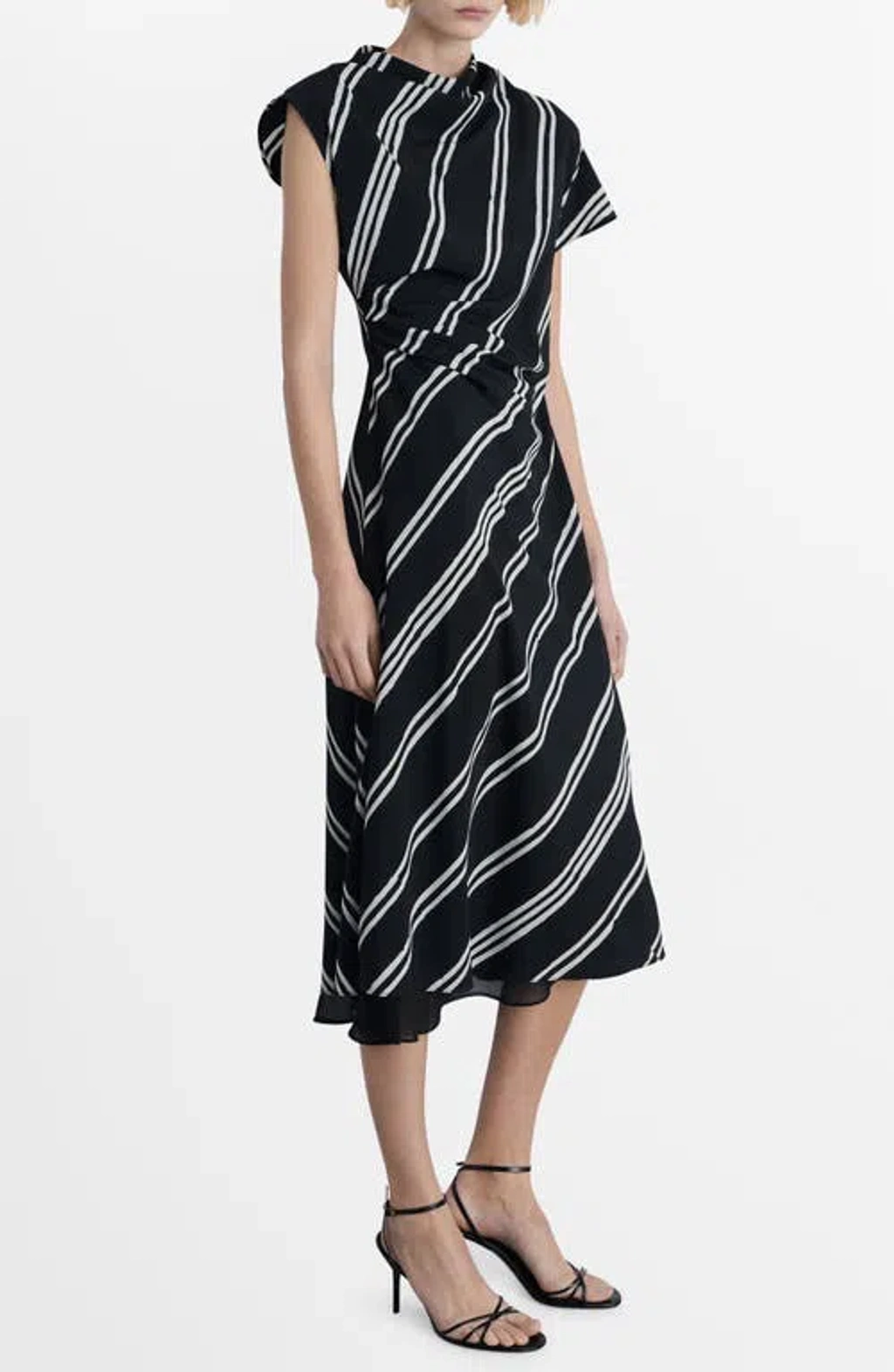 Mango Stripe Asymmetric Sleeve Midi Dress In Black | ModeSens