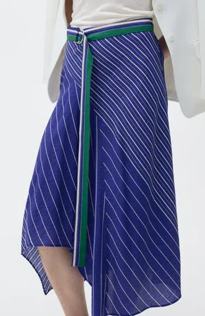 Mango Stripe Belted Asymmetric Midi Skirt In Blue