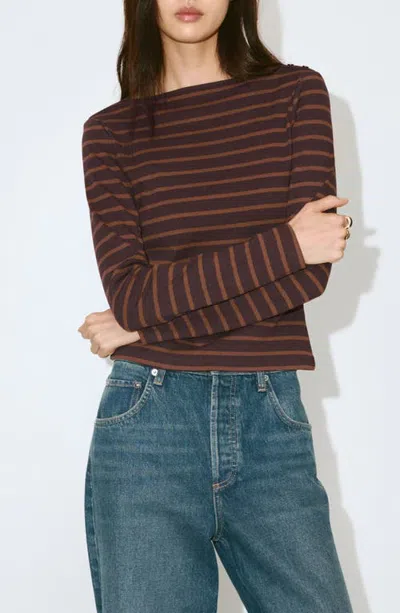 Mango Stripe Boat Neck Long Sleeve Cotton T-shirt In Brown