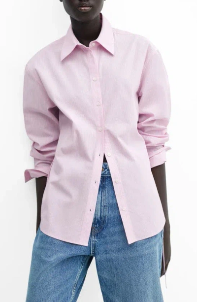 Mango Stripe Bow Cotton Shirt In Pastel Pink