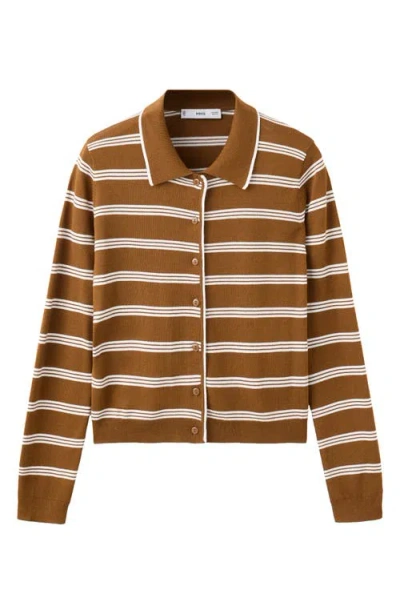 Mango Stripe Collared Cardigan In Brown
