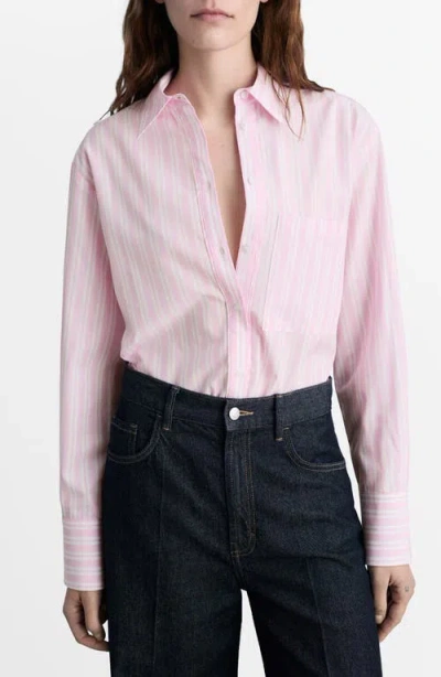 Mango Stripe Cotton Blend Button-up Shirt In Pink