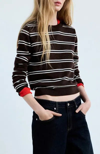 Mango Stripe Crewneck Sweater In Brown