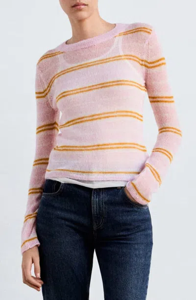 Mango Stripe Crewneck Sweater In Pink