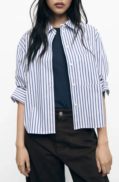 Mango Stripe Crop Button-up Shirt In Blue