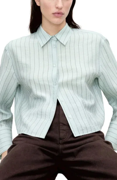 Mango Stripe Crop Button-up Shirt In Green