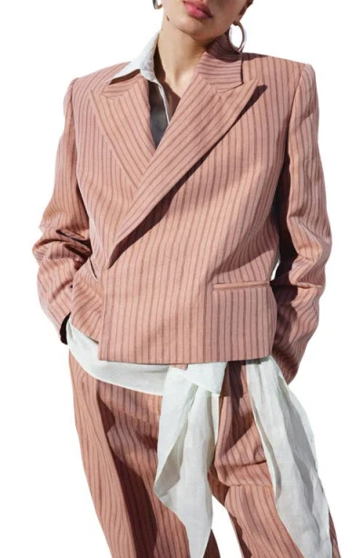 Mango Stripe Crop Linen Blend Blazer In Pink