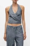 Mango Stripe Crossover Crop Halter Top In Gray