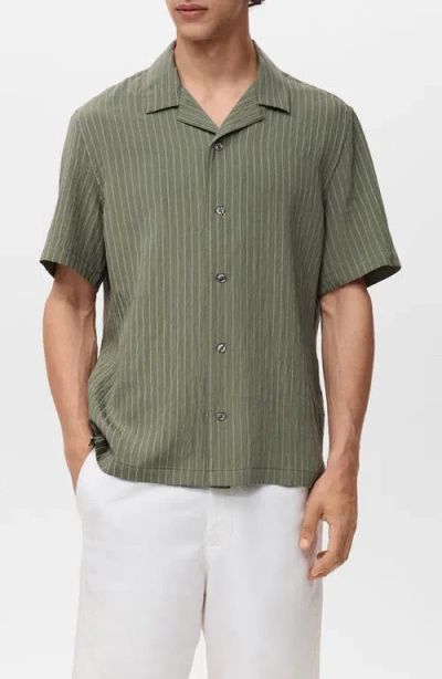 Mango Stripe Embroidered Camp Shirt In Green