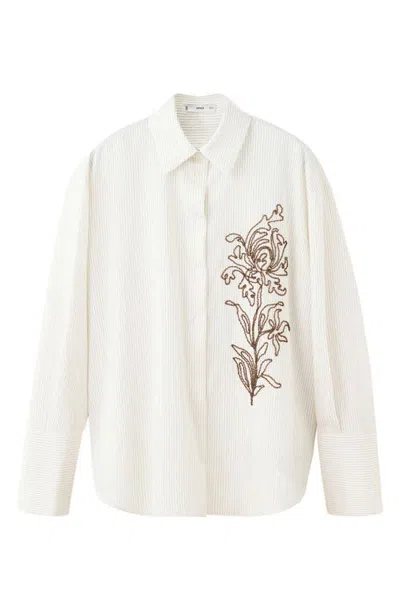 Mango Stripe Floral Beaded Embroidered Button-up Shirt In White