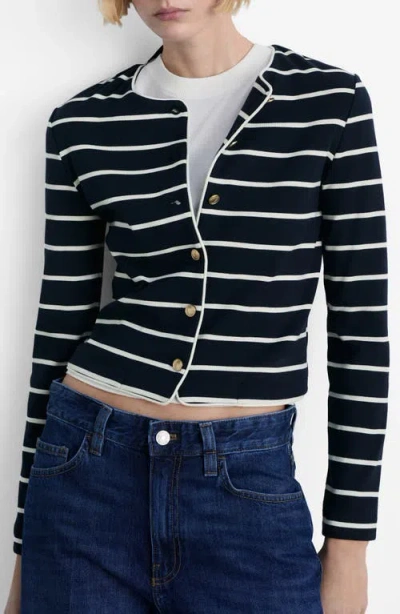 Mango Stripe Knit Cardigan In Dark Navy