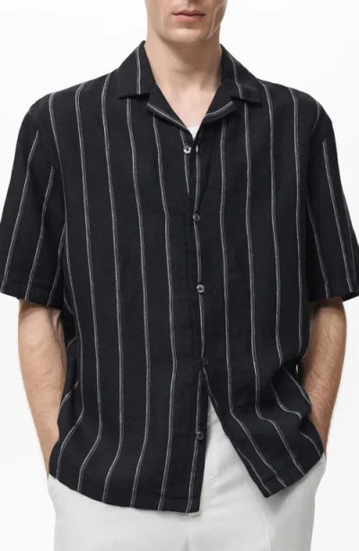 MANGO MANGO STRIPE LINEN CAMP SHIRT