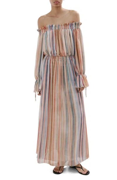 Mango Stripe Long Sleeve Off The Shoulder Maxi Dress In Multi