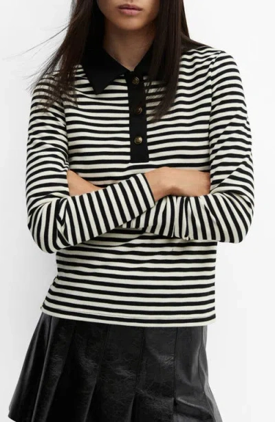 Mango Stripe Long Sleeve Polo In Black