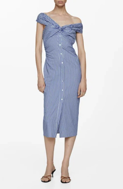 Mango Off The Shoulder Striped Midi Dress In Blue In Bleu Ciel
