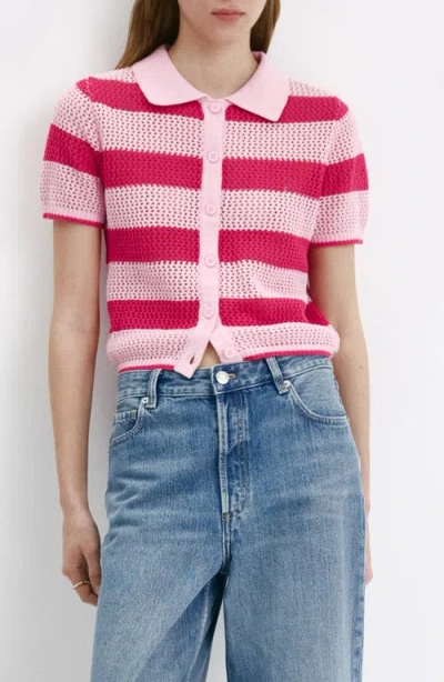 Mango Stripe Open Stitch Cardigan In Pink