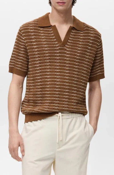 Mango Lightweight Knit Striped Camp Collar Polo Top In Brown