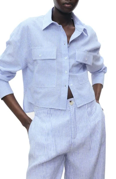 Mango Stripe Pocket Crop High-low Cotton & Linen Shirt