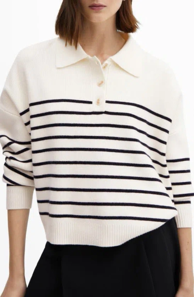 Mango Stripe Polo Sweater In White/ Dark Navy