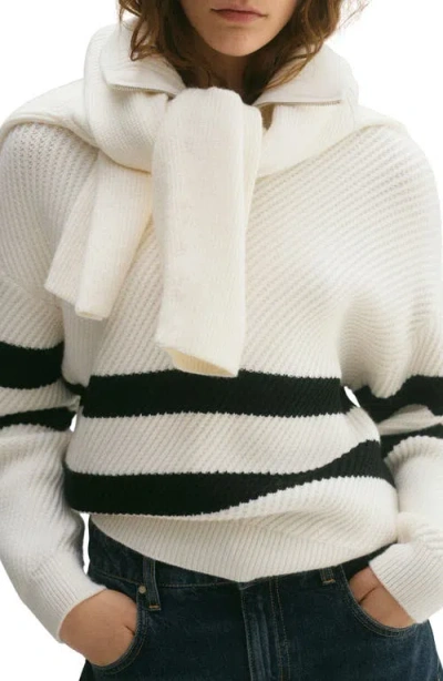 Mango Stripe Quarter Zip Sweater In Ecru