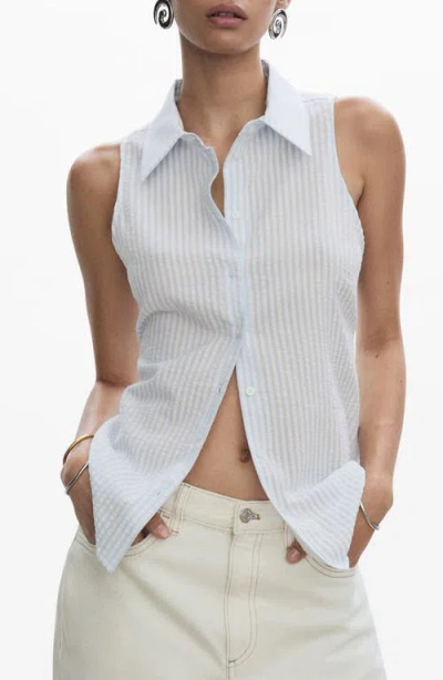 Mango Stripe Seersucker Sleeveless Button-up Shirt In Blue