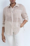 Mango Stripe Sheer Long-sleeve Button-up Shirt In Brown